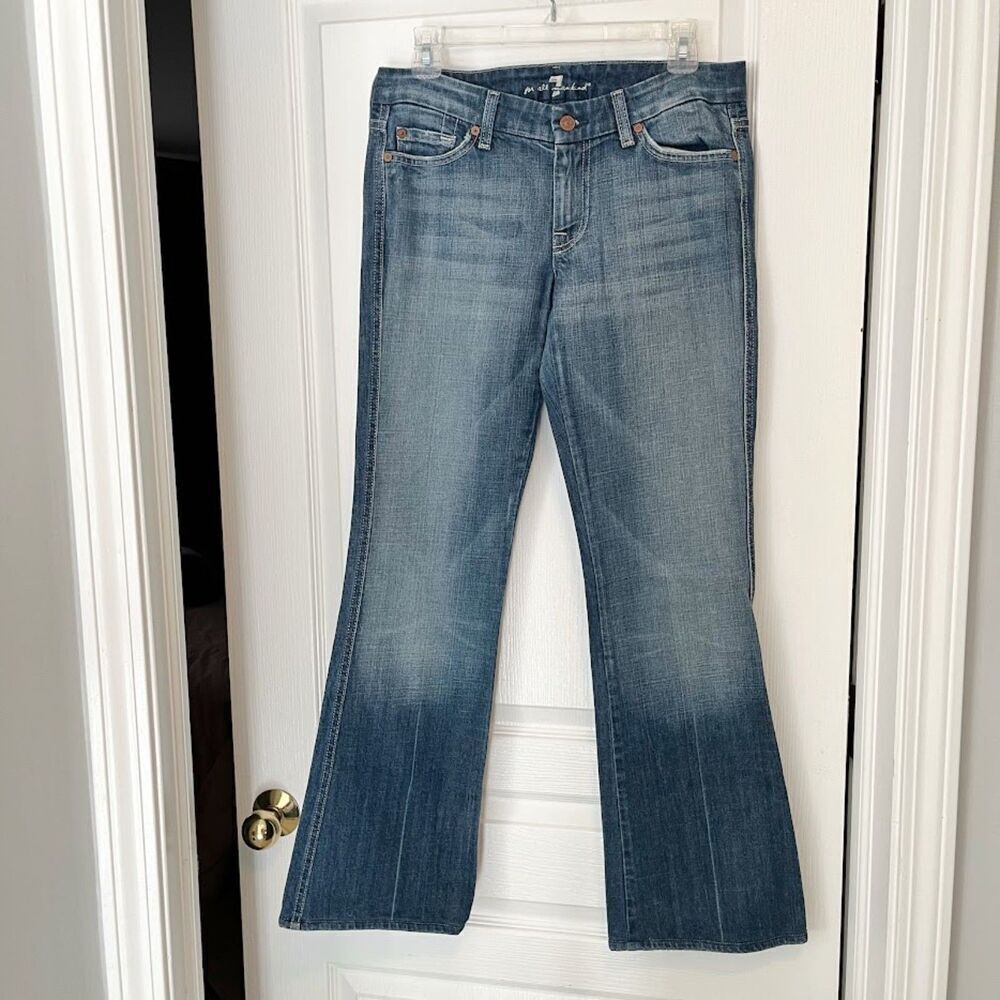 7 for All Mankind "A" Pocket Studded Distressed Faded Low-Rise Boot Cut Jeans